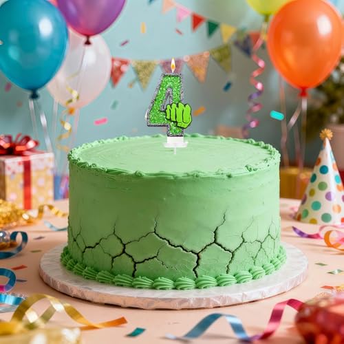 Number 4 Birthday Candle - Green Hero Fist Glitter Cake Topper