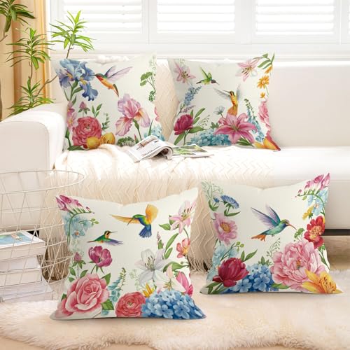 Floral Hummingbird Throw Pillow Covers 18x18 - Set of 4