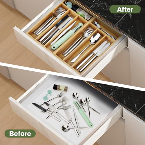 Silverware Drawer Organizer Bamboo Cutlery Tray with Grooved Dividers