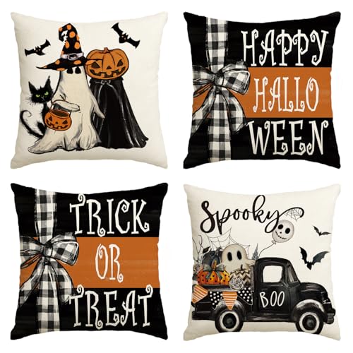 AVOIN colorlife Happy Halloween Ghost Bat Throw Pillow Covers, 18x18 Inch (Set of 4)