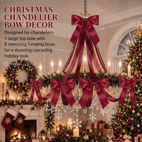 Christmas Chandelier Bow Decorations Set - Burgundy Satin Cascade