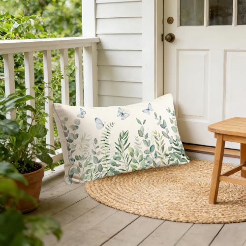 Eucalyptus Floral Butterfly Pillowcase 12x20 Inch | Double-Sided Linen Cushion Cover