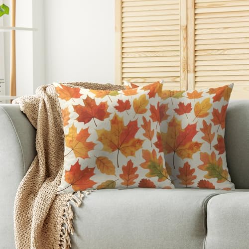 Fall Maple Leaf Pillow Covers 18x18 Set of 2 - Burnt Orange Cotton Linen