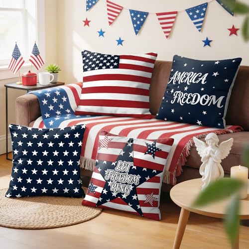 Mitpok 4th of July Patriotic Pillow Covers Set of 4 18x18 Inches Outdoor Home Decor