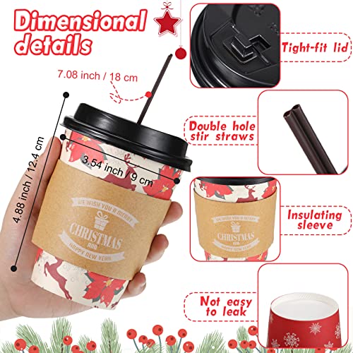 Christmas Paper Cups with Lids, Straws & Sleeves - Bright Style, 12 oz, 100 Sets
