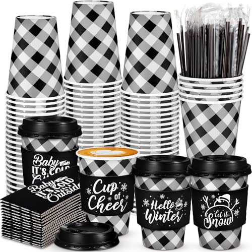Christmas Buffalo Plaid Coffee Cups Set 16 oz - Black & White with Lids, Sleeves & Straws