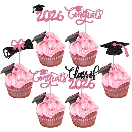 30 PCS Pink Glitter 2026 Graduation Cupcake Toppers Diploma Cap Picks