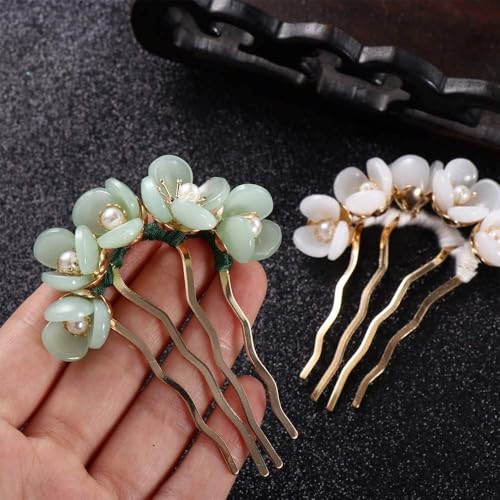 Chinese Style Vintage Hair Fork - 4 Prong U Shaped Hairpin Stick Green