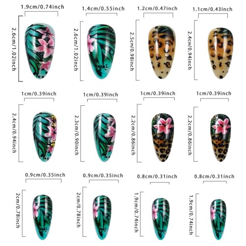 Green Tropical Floral Press on Nails Medium Almond Reusable Set