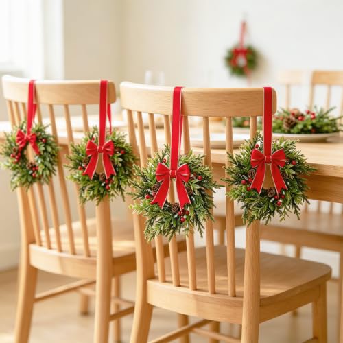 6 Pcs Christmas Wreath for Cabinets 14-Inch with Red Bows & Pine Cones - Holiday Decor