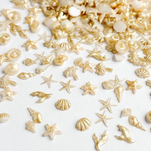 Tephrent 200pcs Starfish & Shell Nail Charms - Gold Resin Ocean Rhinestones