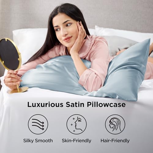 Bedsure Satin Pillowcases Queen Set of 2 - Silky Stone Blue Covers