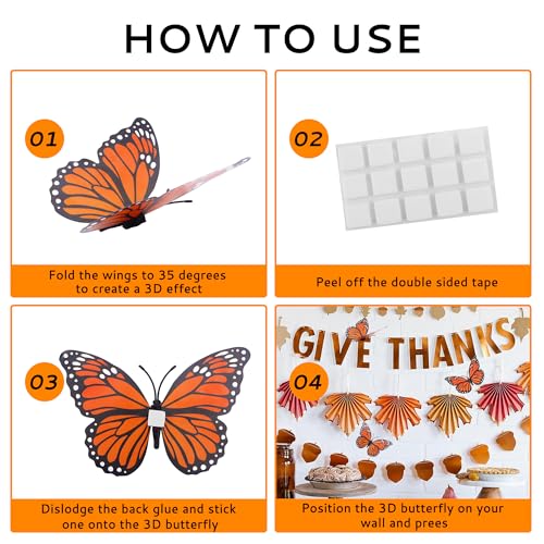 Nelisylux Orange Monarch Butterfly Decorations 12 Pack - Day of the Dead & Halloween Wall Decor, 3 Sizes