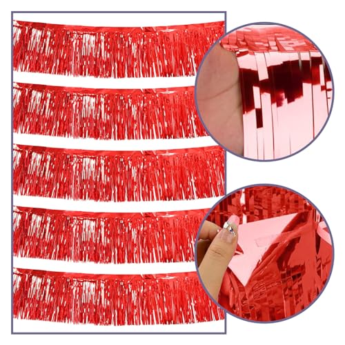 Red Fringe Garland 10 Pack - Metallic Tinsel Streamers for Party Decorations