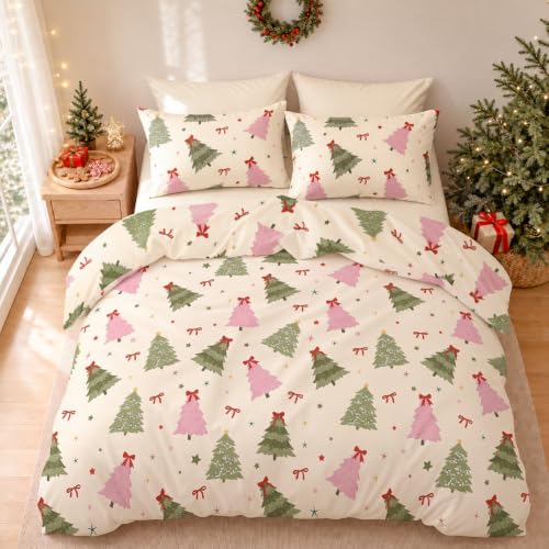 Pink Green Christmas Tree Queen Comforter Set with Pillowcases - Festive Bedding