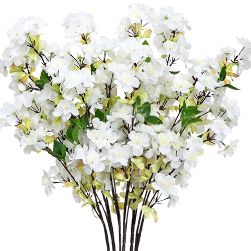 6Pcs 27" White Artificial Cherry Blossom Branches – Silk Floral Decor