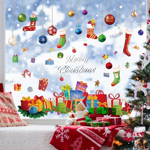 Christmas Window Clings Set - Holiday Snowflakes & Ornaments, 6 Sheets, 11.8 x 11.8 inches