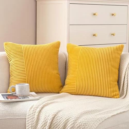 Bliss & Rest Yellow Corduroy Throw Pillow Covers Set of 2 - 18x18 Inch Geometric Design