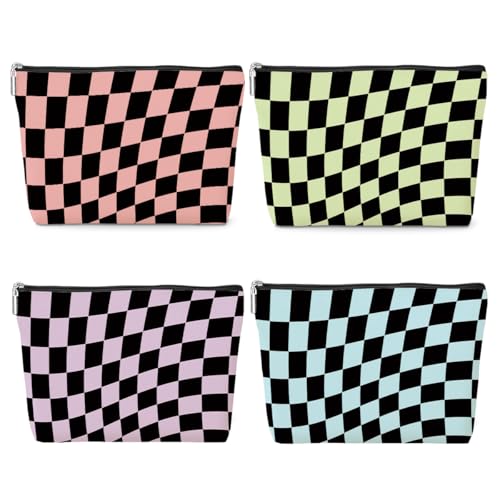 4 Pack Colorful Checkered Makeup Bag Cotton Linen Travel Toiletry Pouch