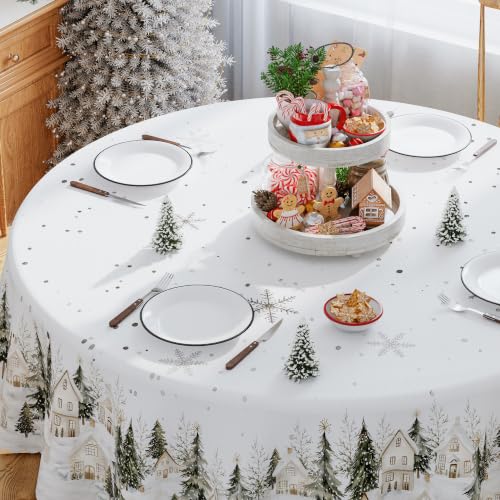 Christmas Round Tablecloth 70x70 Inch Snow Town Holiday Home Decor