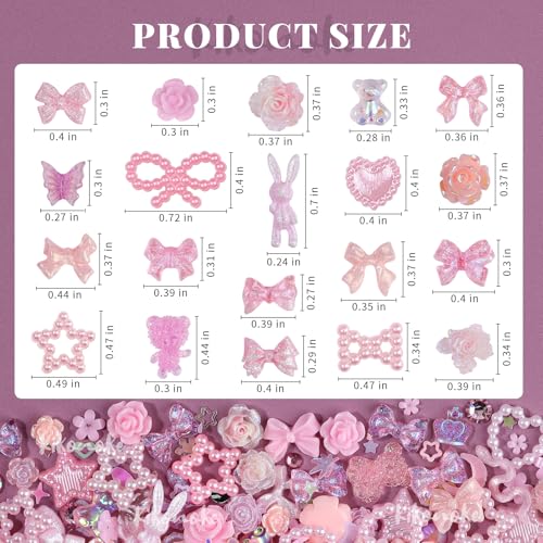 Kikonoke 400Pcs Pink Nail Charms Kit 3D Resin Gems & Rhinestones