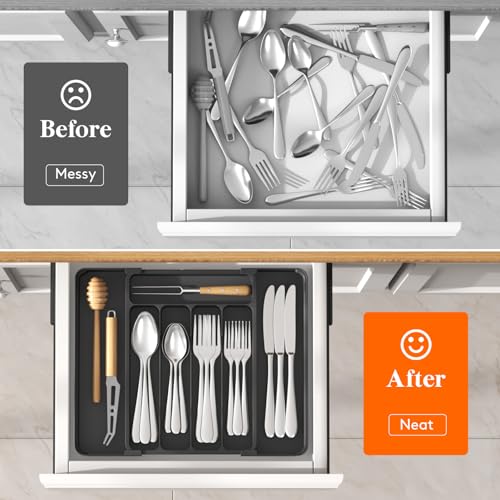 Lifewit Black Expandable Silverware Organizer for Drawer, Medium Slim (8.1-13.9 inch)