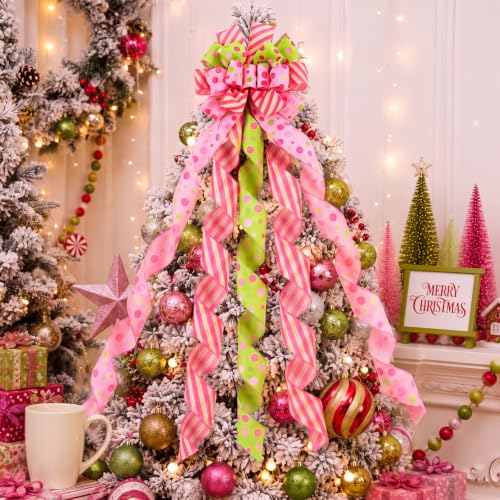 Large Christmas Tree Topper Bow - Pink, Yellow Green Polka Dot Ribbons, 45x13 Inch