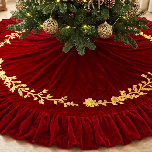 84 Inch Burgundy Velvet Christmas Tree Skirt with Gold Embroidery - Xmas Decoration