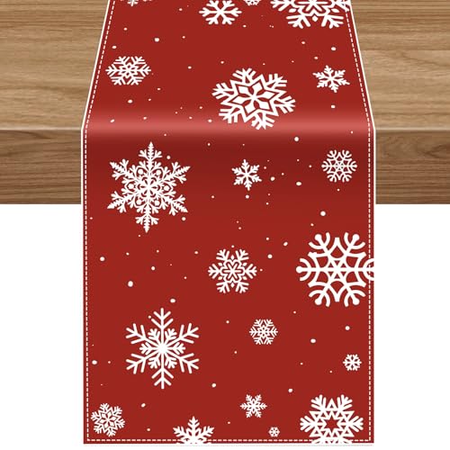 Christmas Table Runner - 13.4 x 74 Inch Rustic Red Snowflakes
