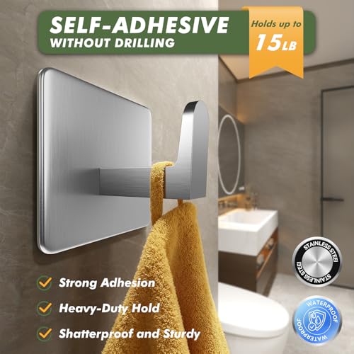 Auxmir Heavy-Duty Self-Adhesive Towel Hooks - 5 Pack, 15 lb Capacity, Waterproof Stainless Steel