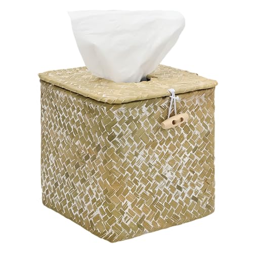 JBESUHI Square Whitewash Seagrass Tissue Box Cover - Rustic Woven Holder