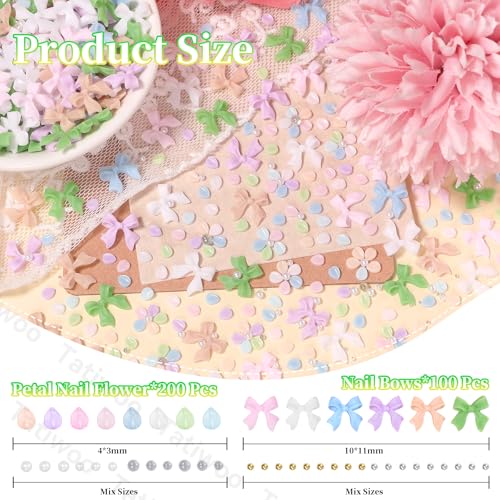 Tatiwoo 300 Pcs 3D Flower and Bow Nail Charms with Pearls and Beads