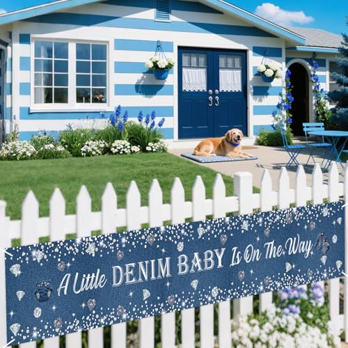 Cheereveal Denim & Diamond Baby Shower Yard Banner - Navy Blue & Silver