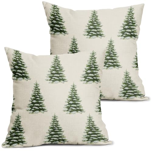 Set of 2 Green Christmas Pillow Covers 18x18 Inch - Pine Tree Decor