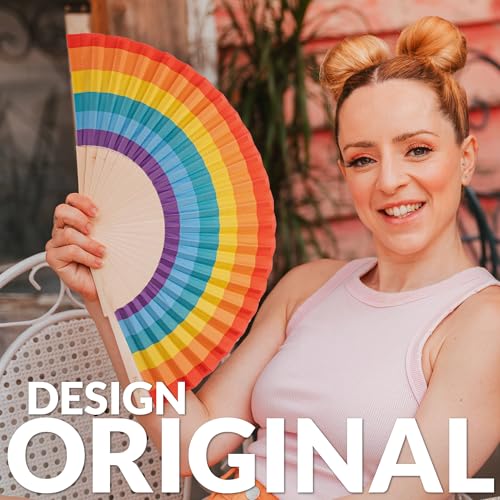 Rainbow Folding Fan - Eco-Friendly Wooden Handheld Fan for Women