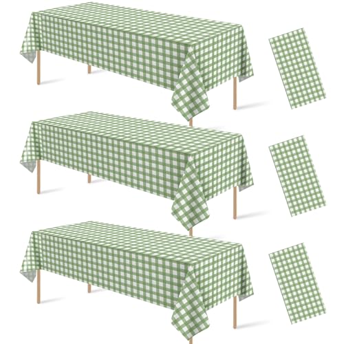 Denwiller 3-Pack Sage Green Gingham Tablecloths, 54x108 Inch Checkered Covers