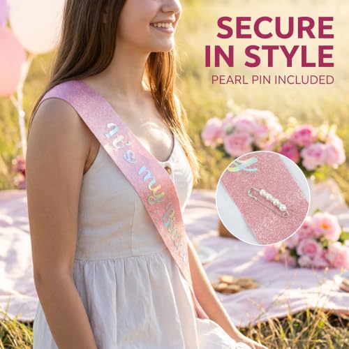 It's My Birthday Pink Glitter Sash with Pearl Pin for Women