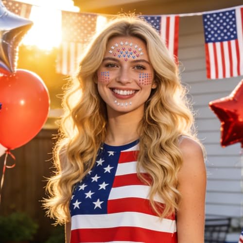 Doneace 4th of July Star Face Gems - Red White and Blue Rhinestone Stickers