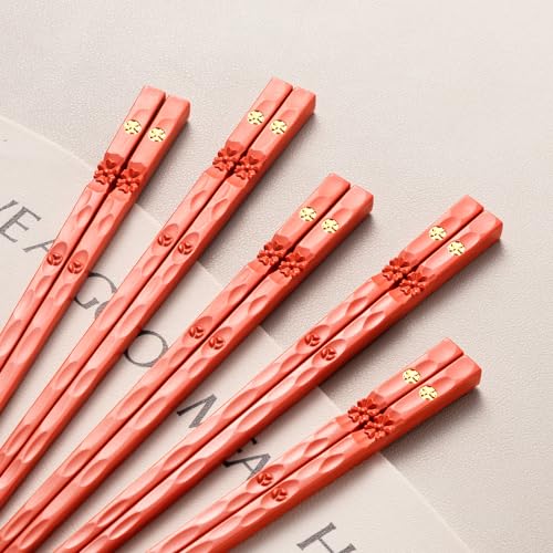 HuaLan Reusable Fiberglass Chopsticks Set - 5 Pairs, 9.5" Non-Slip, Dishwasher Safe, Orange