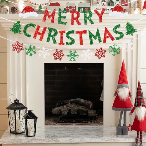Christmas Banner Set - Red and Green Glitter Snowflake Bunting for Indoor Holiday Decor