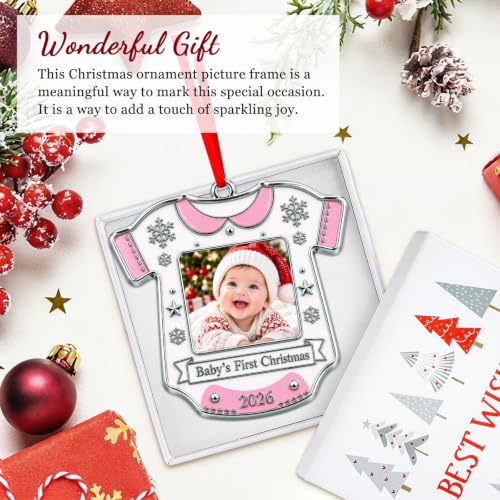 Baby's First Christmas 2026 Ornament with Photo Frame - Pink, Metal, Style 3