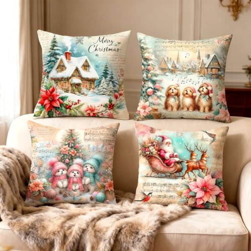 Vintage Christmas Throw Pillow Covers Set of 4 - 18x18 Soft Linen