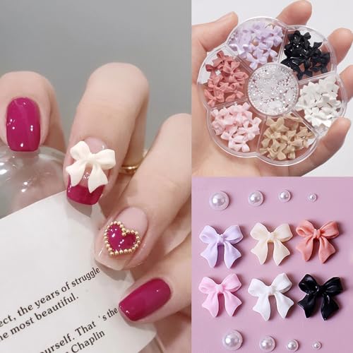 Qdsuh 3D Acrylic Bow Nail Charms with Pearls in 6 Colors for DIY Manicure