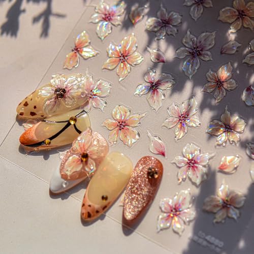 5D Pink Flower Nail Stickers Embossed Floral Nail Art Decals DIY Manicure