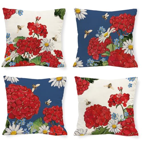 Spring Summer Red Geranium Throw Pillow Covers 18" x 18" (Set of 4)