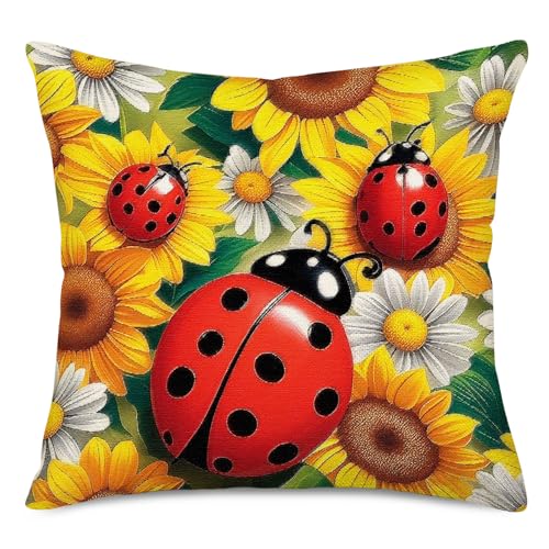 Sunflower Ladybugs Decorative Pillow Cover – 18x18 Inch Cotton Linen