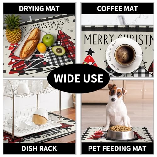 Christmas Trees Dish Drying Mat 18x24 Inch Reversible Microfiber Kitchen Counter Decor - Black White Buffalo Plaid