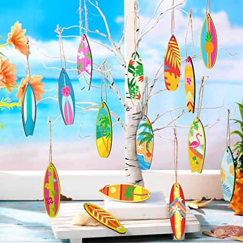 Christmas Wooden Hanging Ornaments Set - Beach & Surfboard Design, 36 Pieces with Twine - Holiday Decor