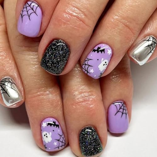Purple Halloween Press on Nails 3D Bat Ghost Spider Web Glossy Short