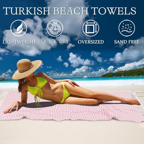 Tehoao Oversized Turkish Beach Towel - 39"x71" Quick Dry Cotton, Pink Stripe